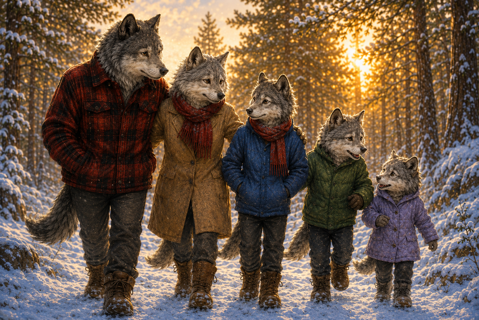 The Wolf Pack family together in Winterpine Woods.